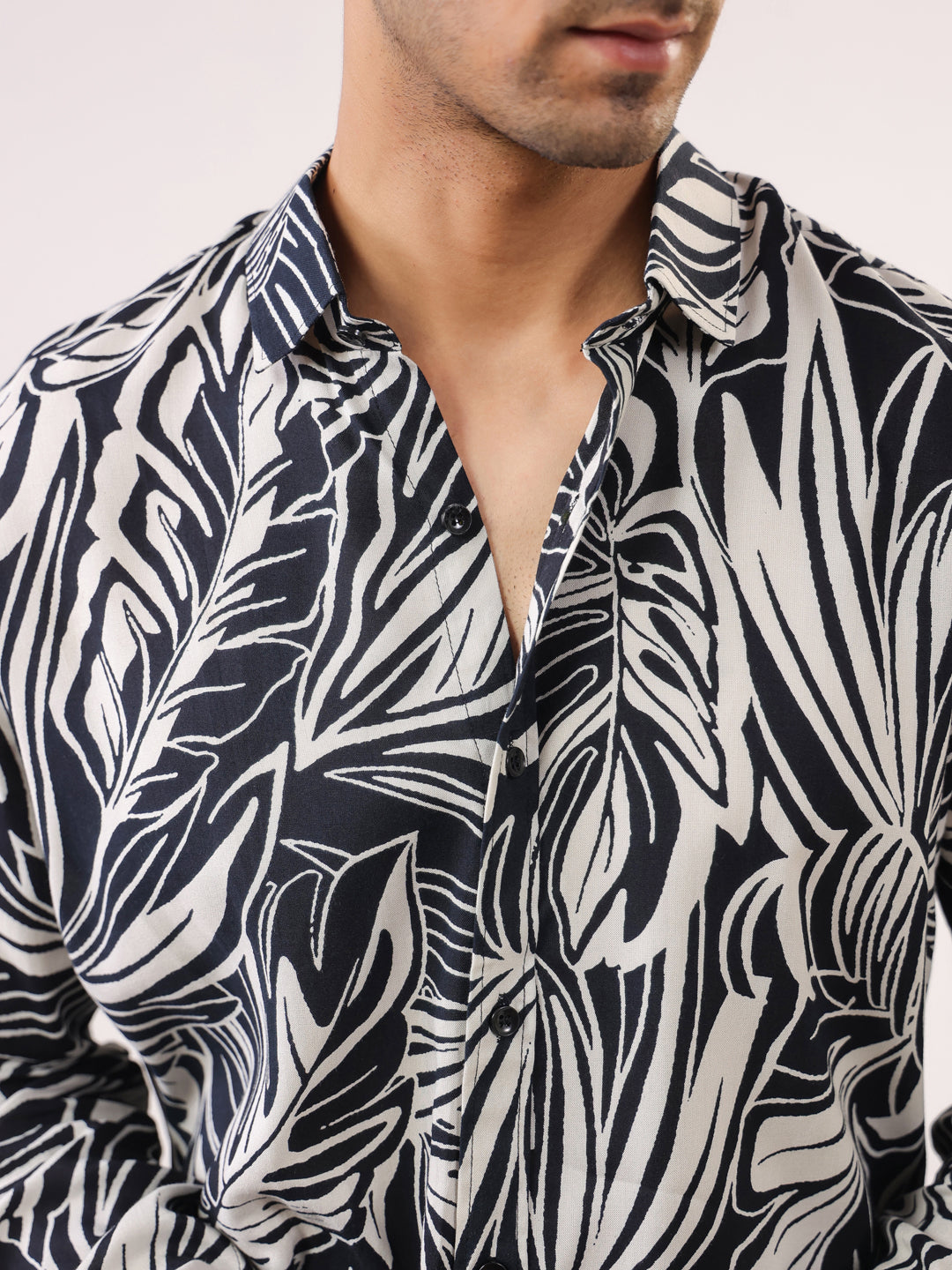 Men Black Band Collar Abstract Print Viscose Rayon Shirt