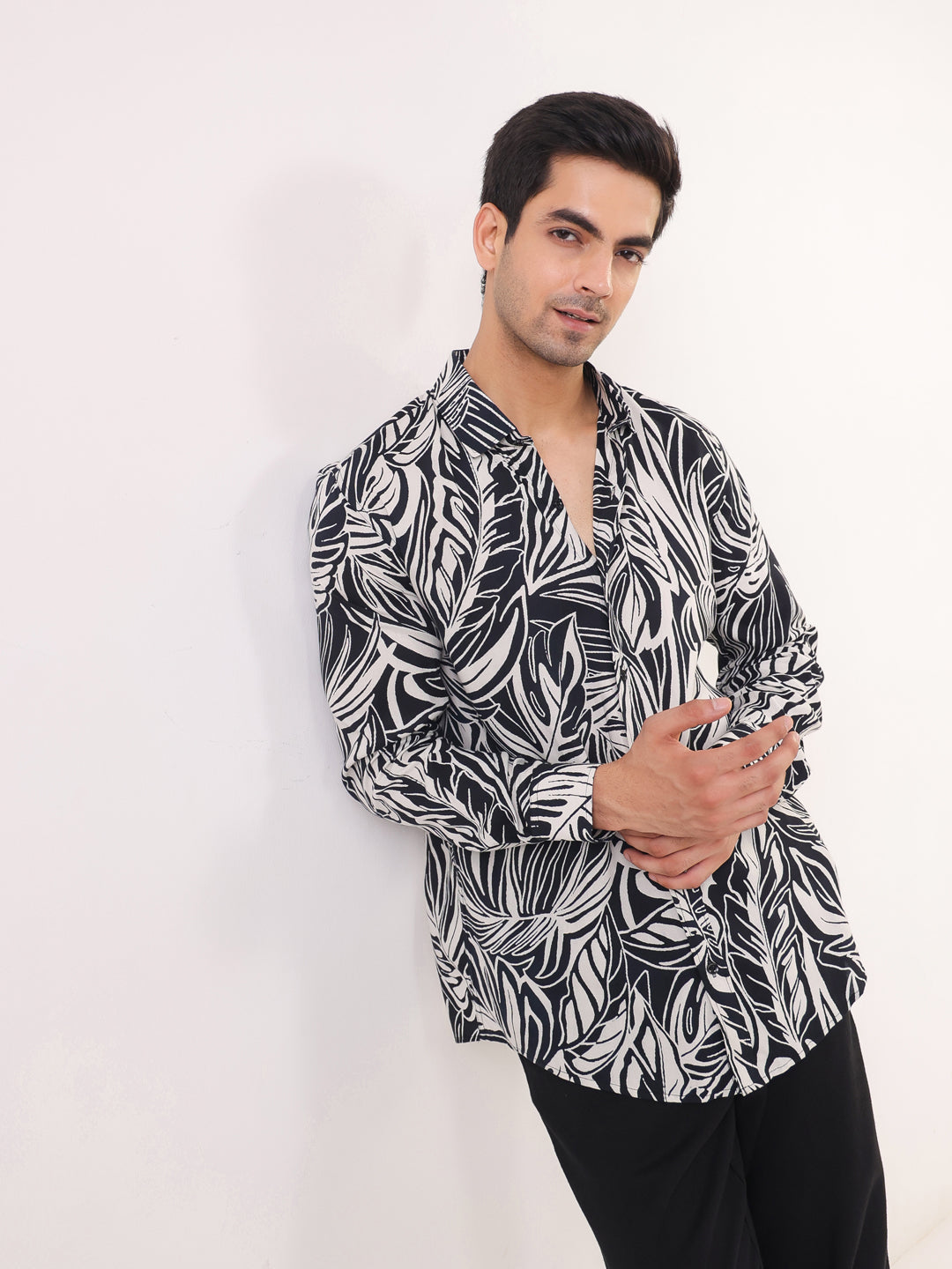 Men Black Band Collar Abstract Print Viscose Rayon Shirt