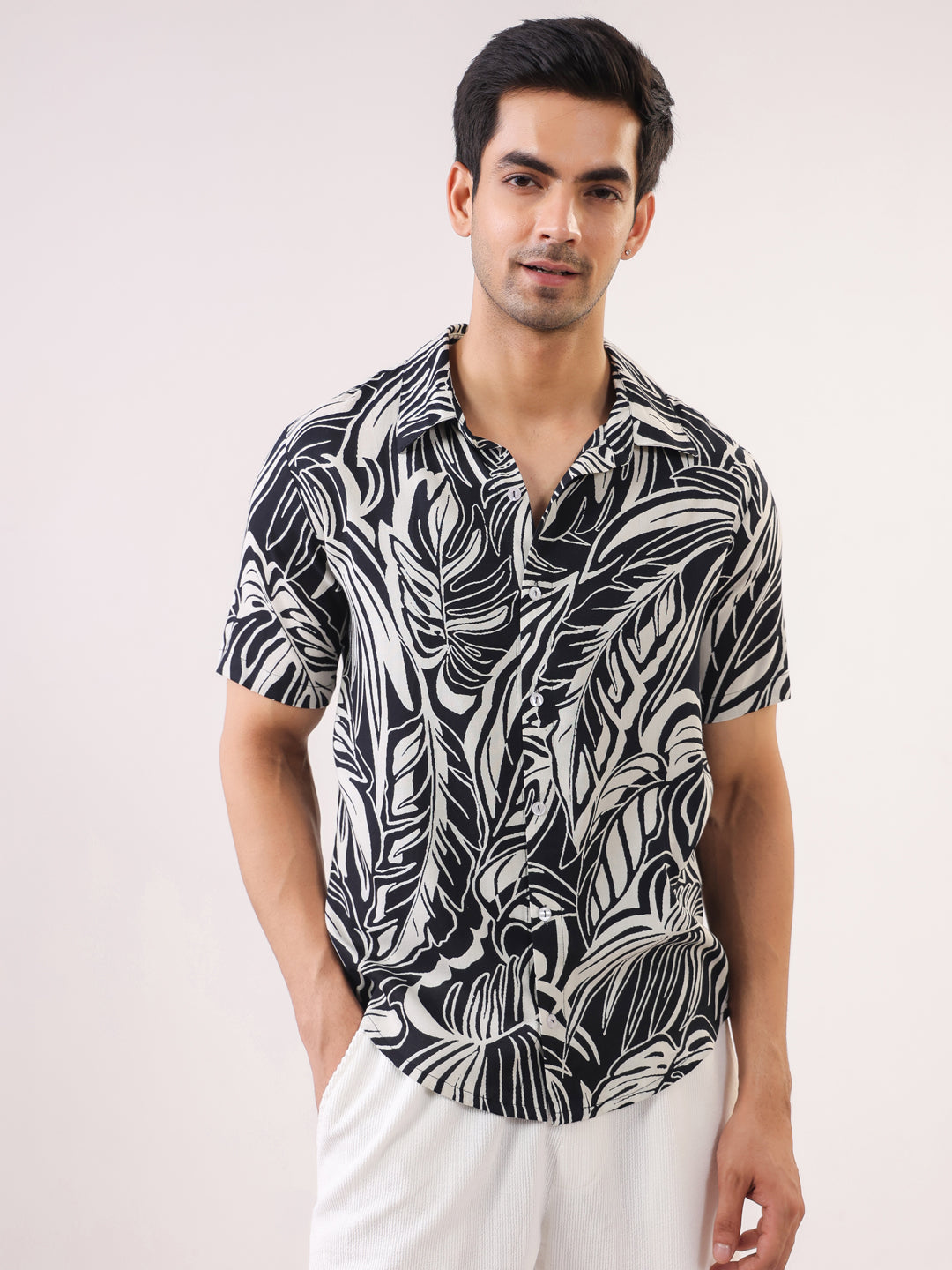 Men Black Abstract Print Band Collar Viscose Rayon Shirt