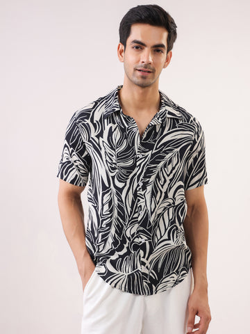 Men Black Abstract Print Band Collar Viscose Rayon Shirt