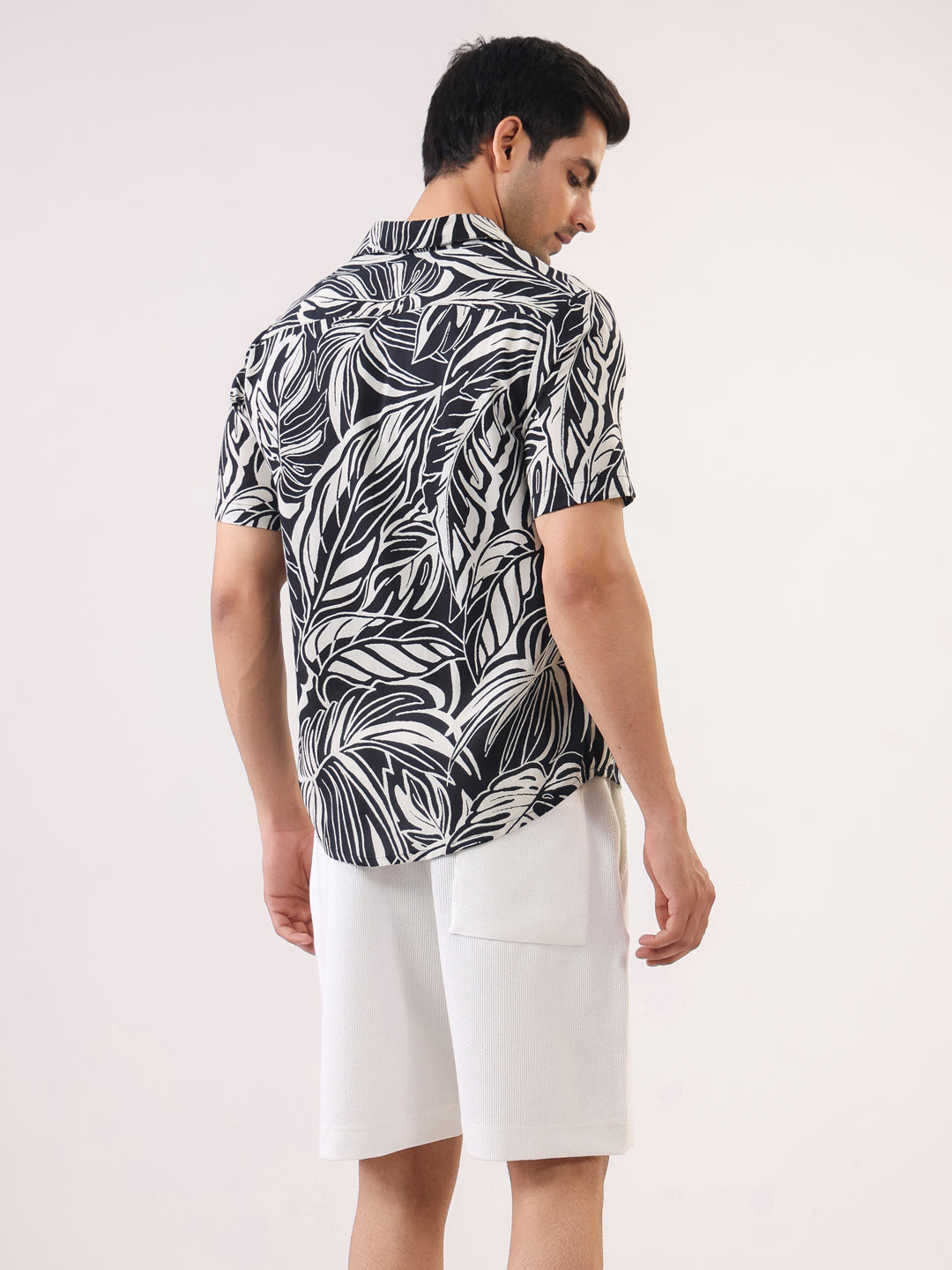 Men Black Abstract Print Band Collar Viscose Rayon Shirt