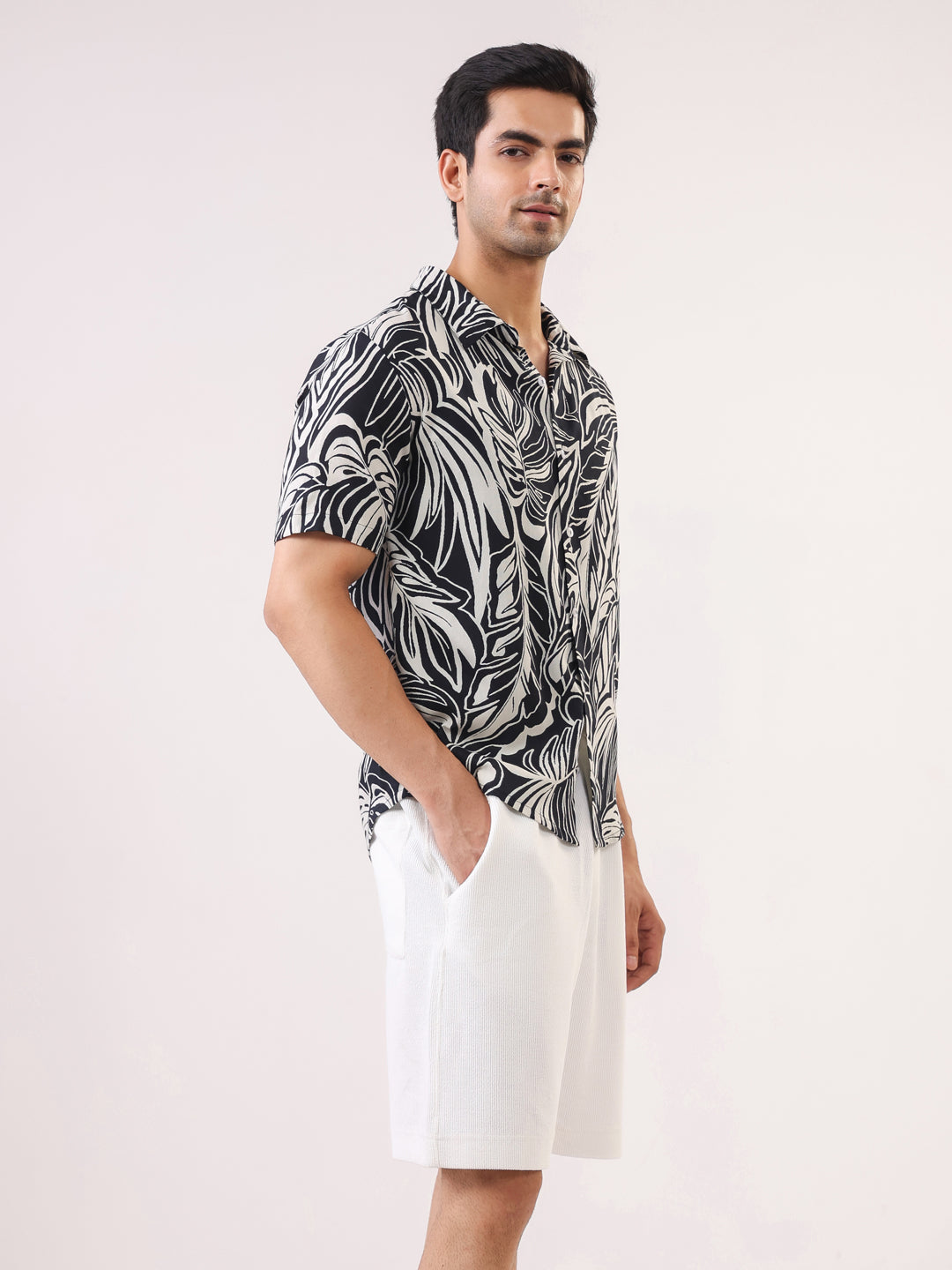 Men Black Abstract Print Band Collar Viscose Rayon Shirt