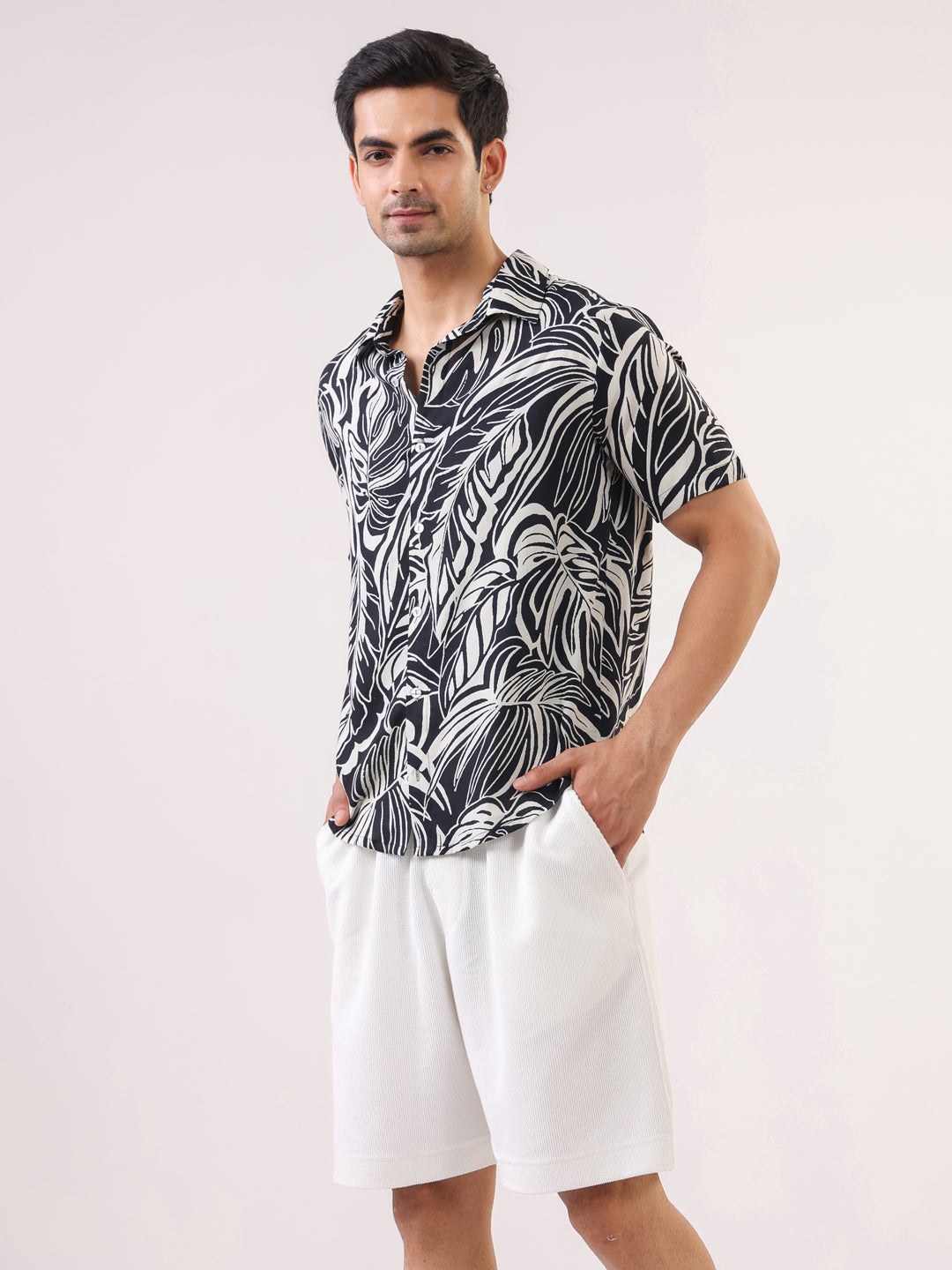 Men Black Abstract Print Band Collar Viscose Rayon Shirt