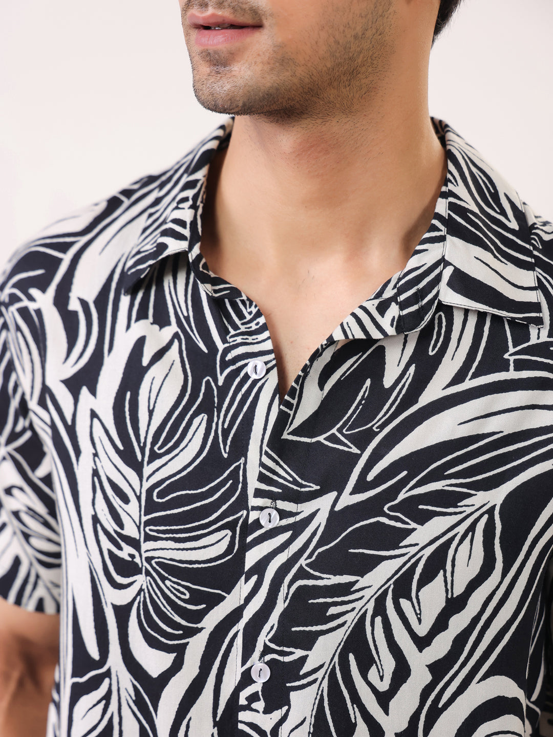 Men Black Abstract Print Band Collar Viscose Rayon Shirt