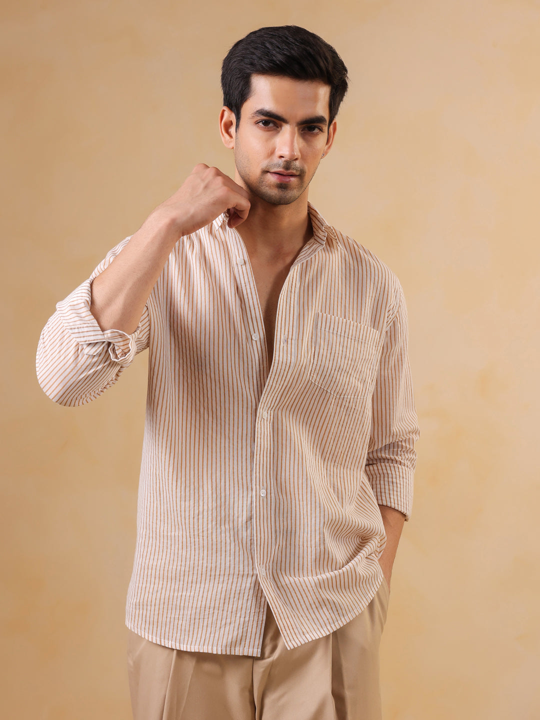 Men Brown Stripes Print Band Collar Cotton Shirt