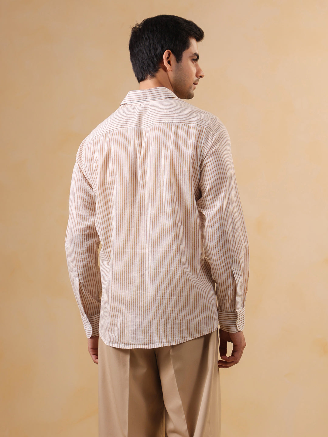 Men Brown Stripes Print Band Collar Cotton Shirt