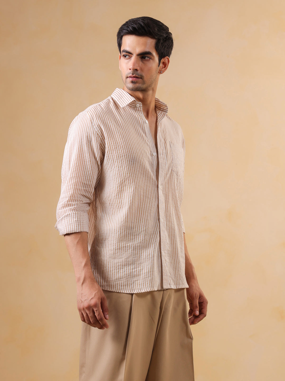 Men Brown Stripes Print Band Collar Cotton Shirt