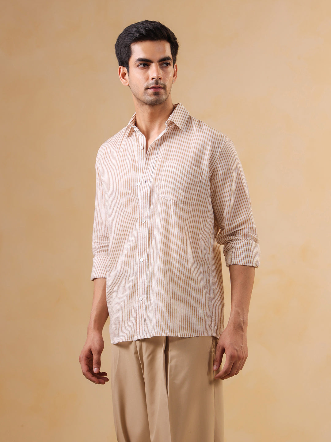 Men Brown Stripes Print Band Collar Cotton Shirt