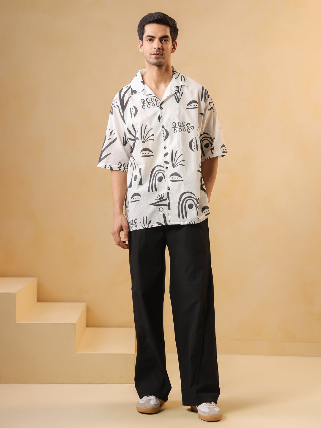 Men's White Cuban Collar Abstract Print Oversized Cotton Shirt