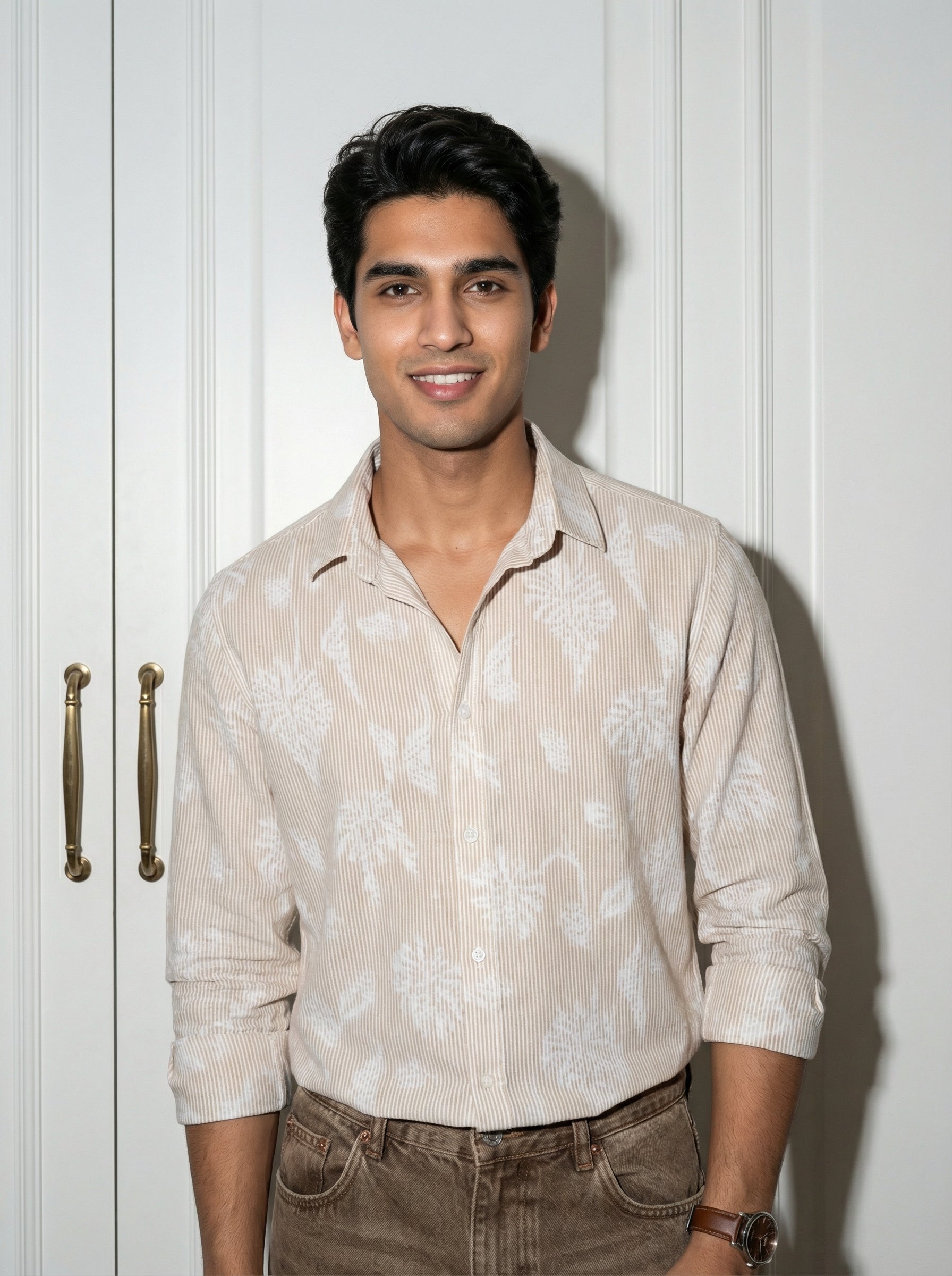 Men's Brown Spread Collar Floral Print Pure Cotton Shirt