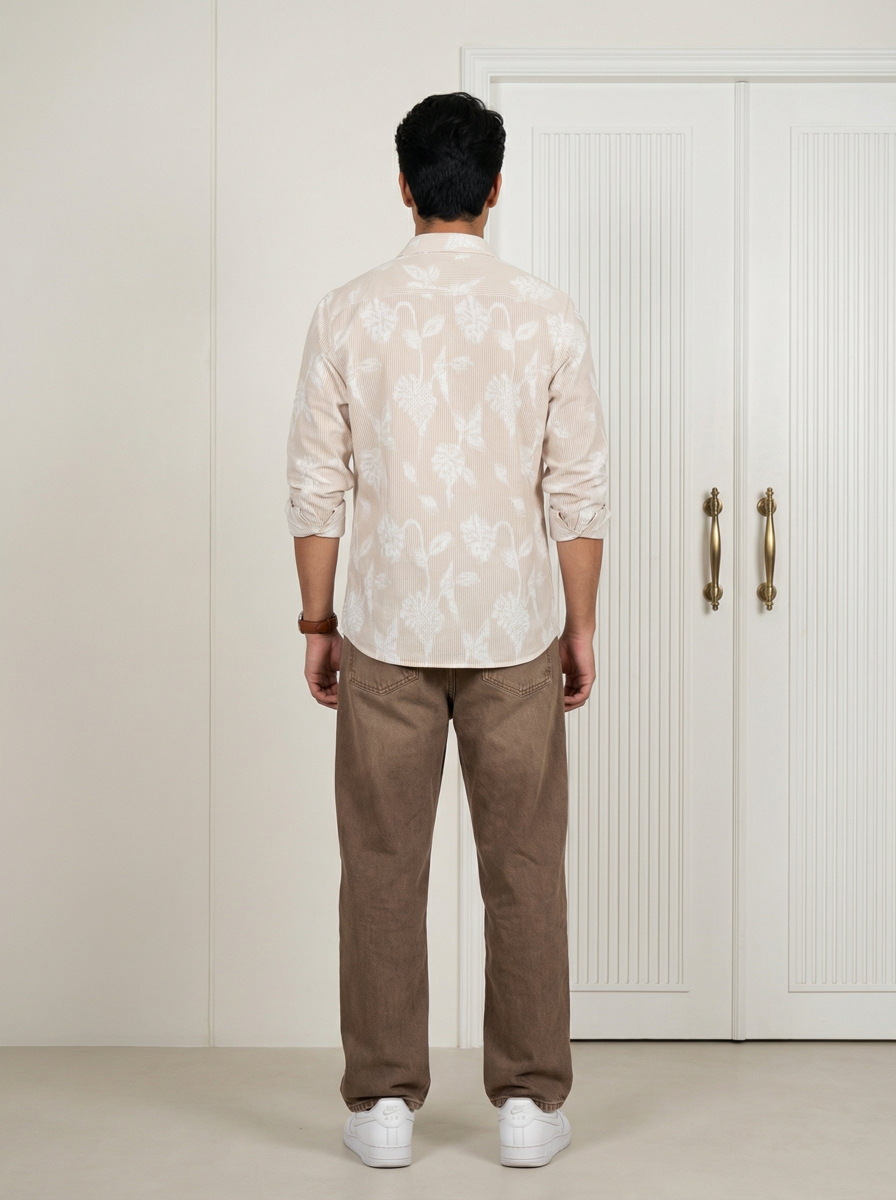 Men's Brown Spread Collar Floral Print Pure Cotton Shirt