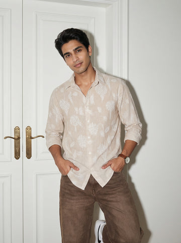 Men's Brown Spread Collar Floral Print Pure Cotton Shirt