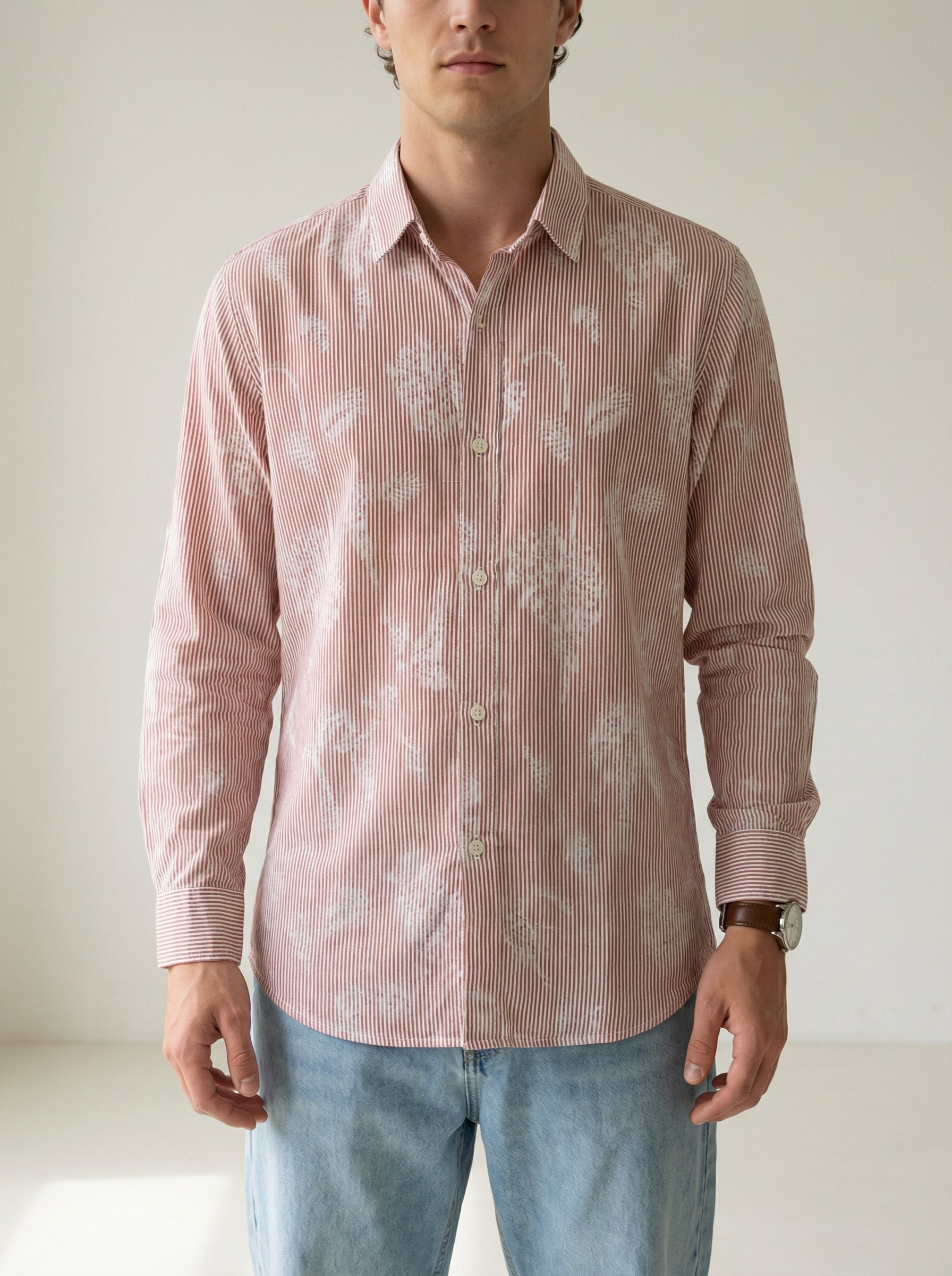 Men's Rust Floral Print Spread Collar Regular Fit Pure Cotton Shirt