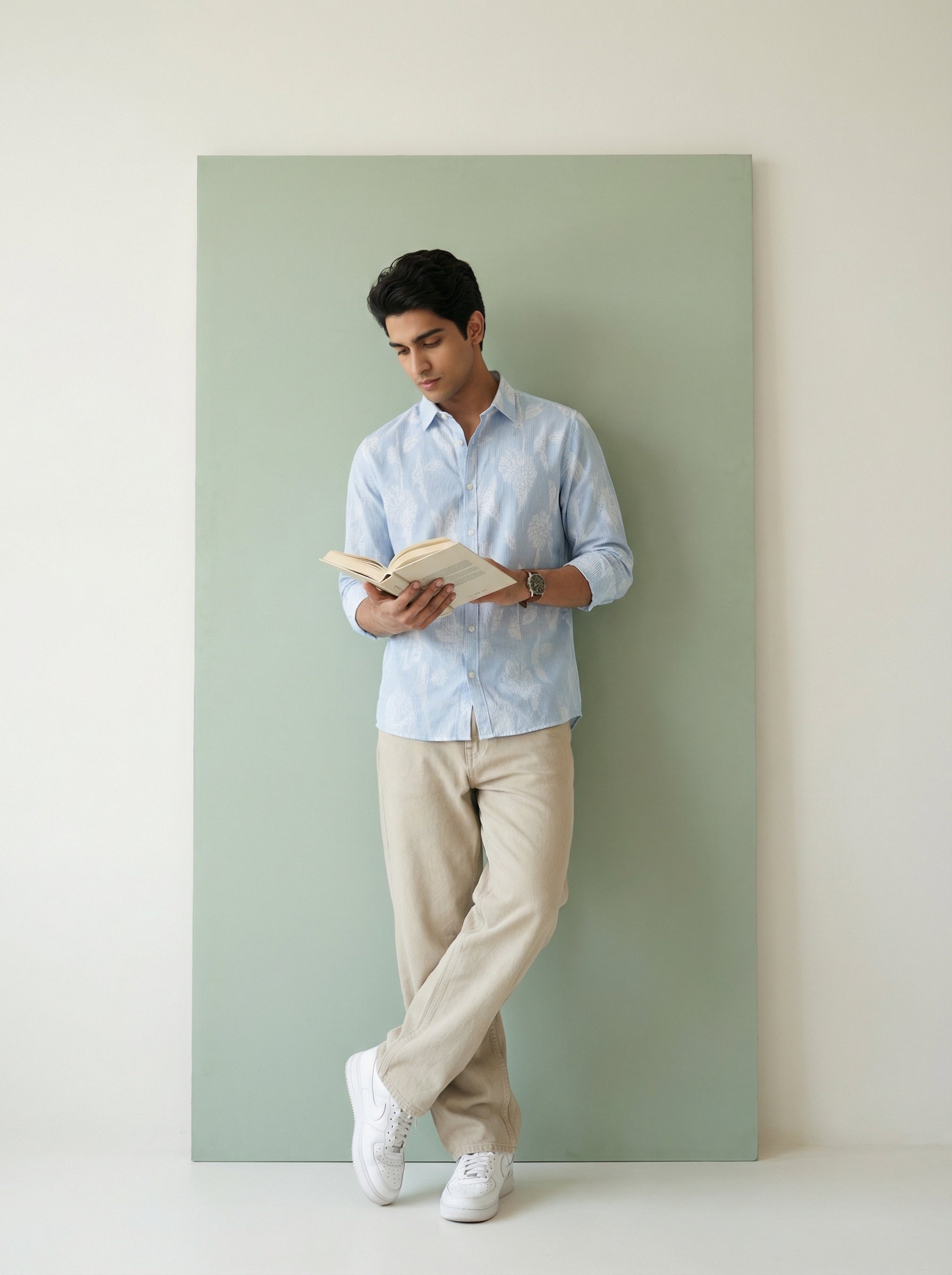 Men's Blue Floral Print Spread Collar Full Sleeves Cotton Shirt