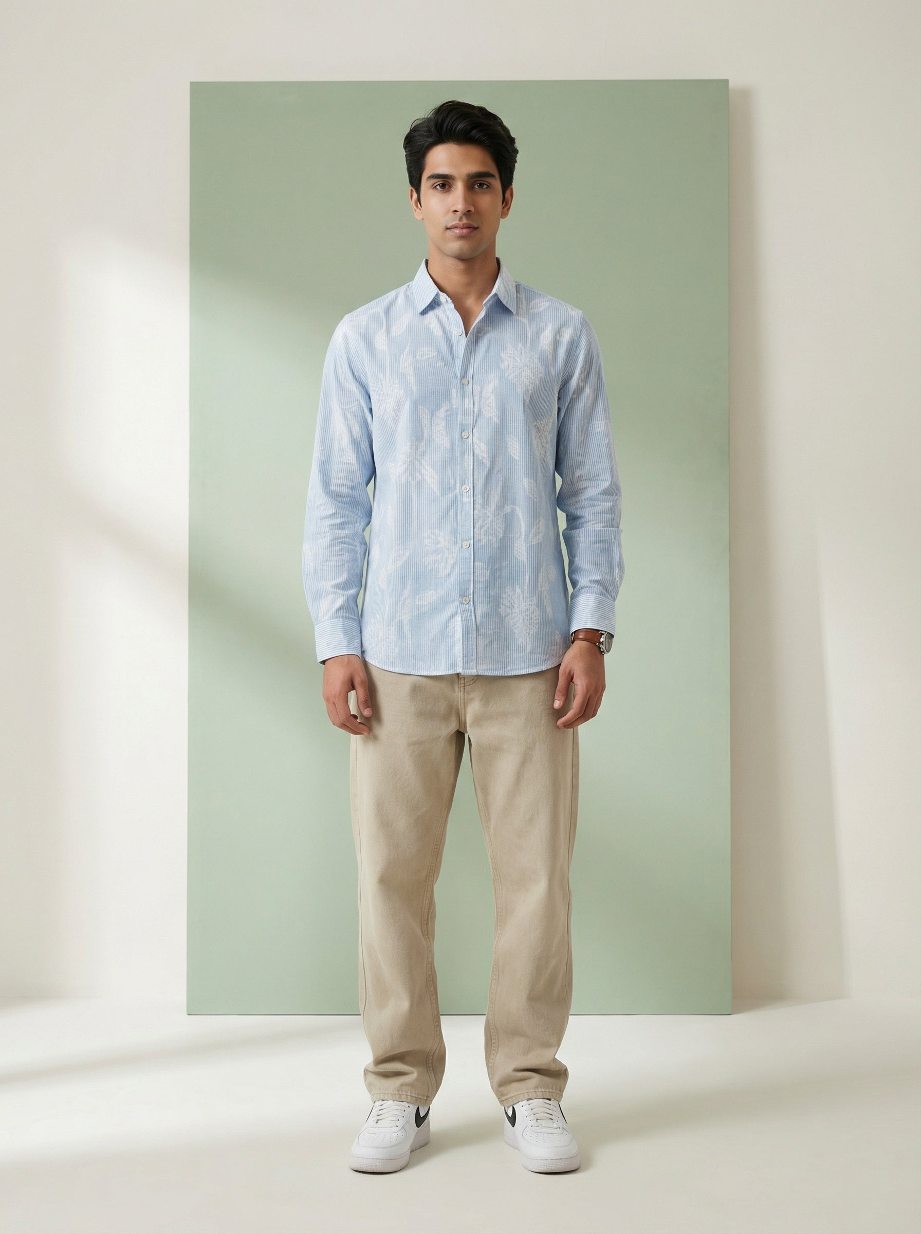 Men's Blue Floral Print Spread Collar Full Sleeves Cotton Shirt