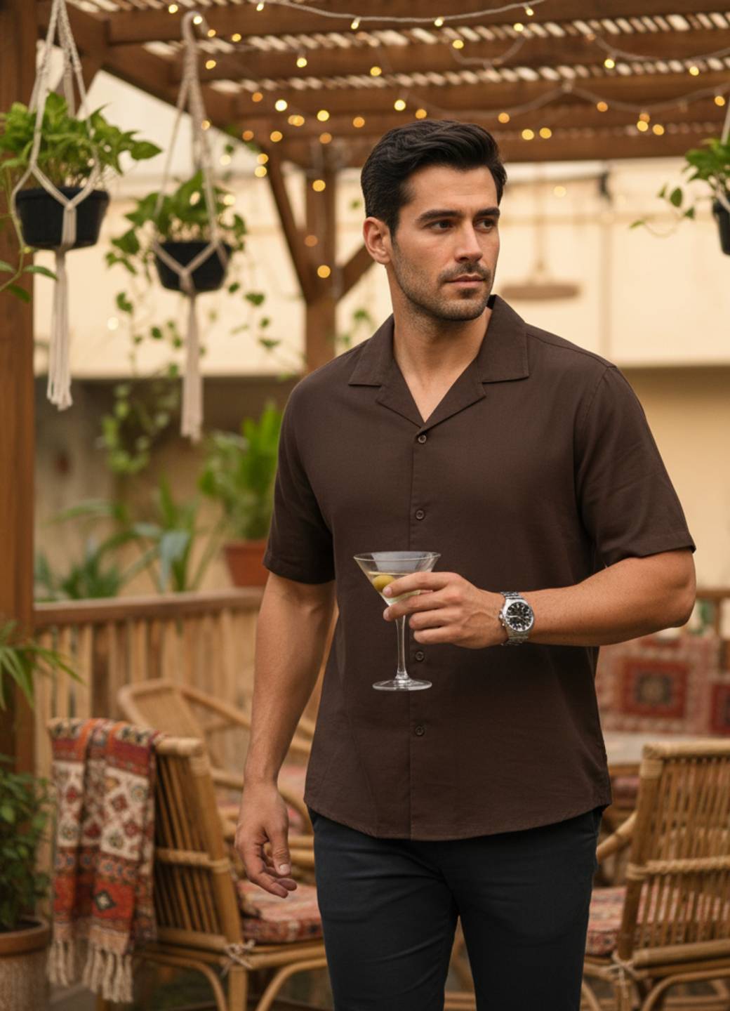 Men’s Classic Solid Brown Cuban Collar Shirt