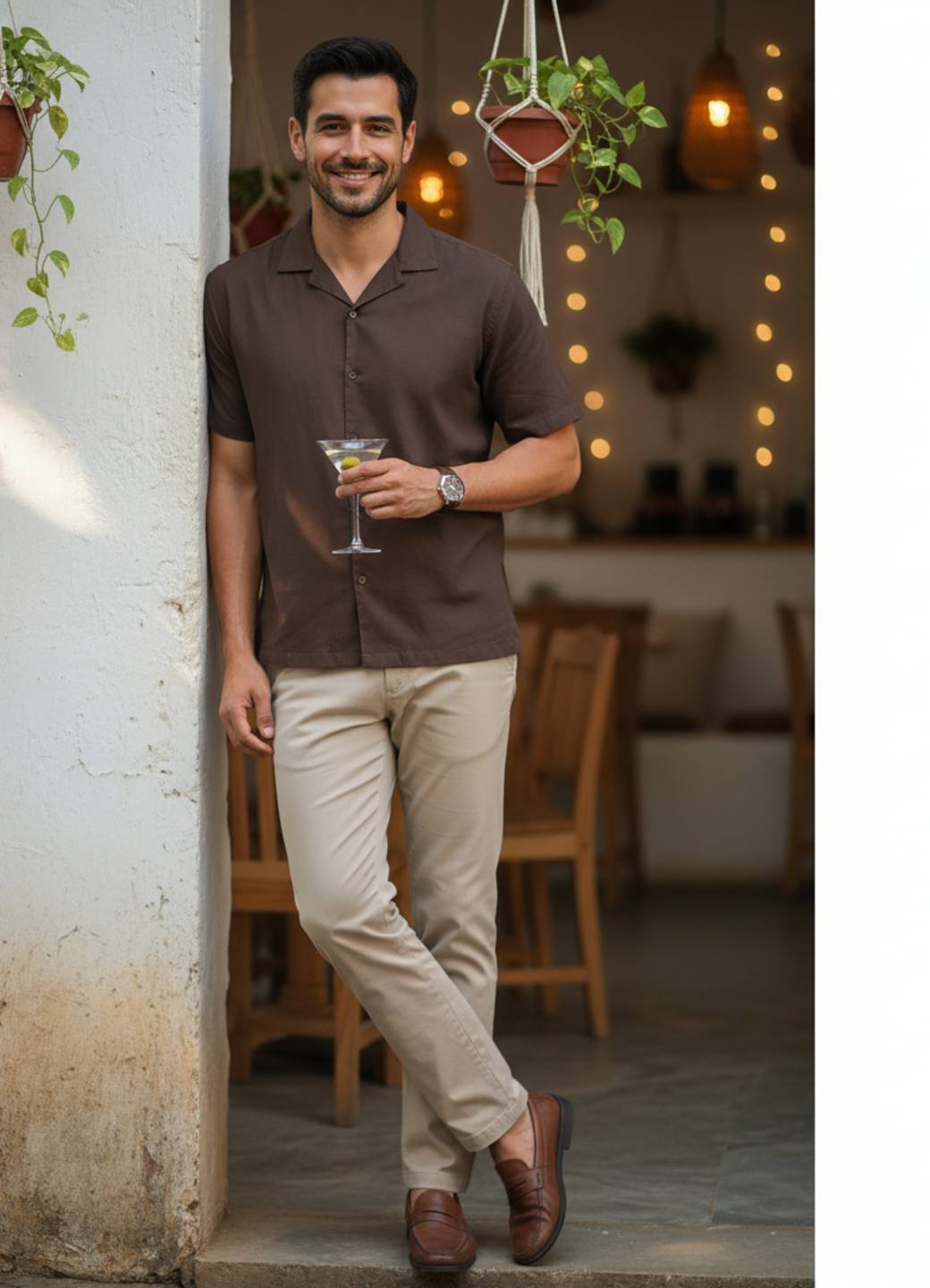 Men’s Classic Solid Brown Cuban Collar Shirt