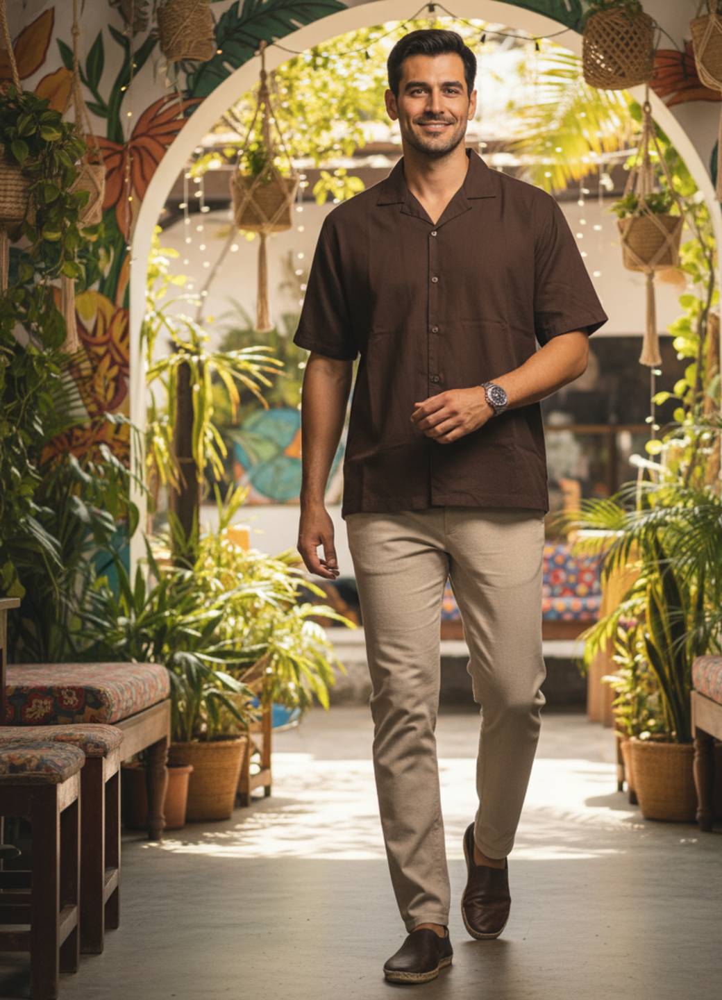 Men’s Classic Solid Brown Cuban Collar Shirt