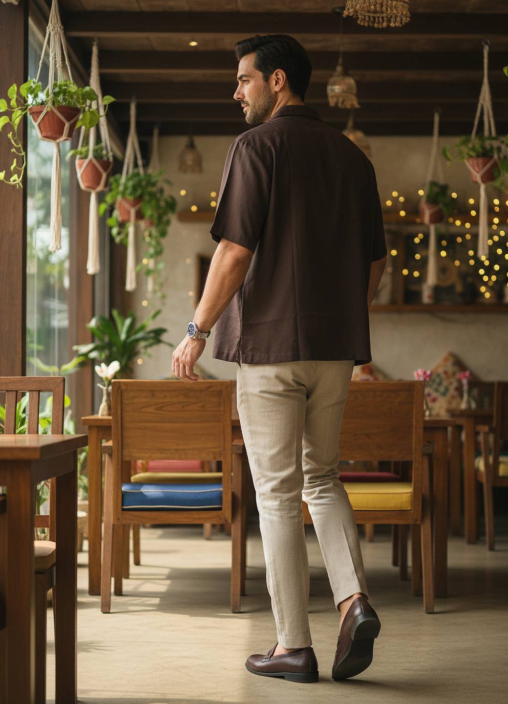 Men’s Coffee Brown Solid Casual Shirt with Cuban Collar
