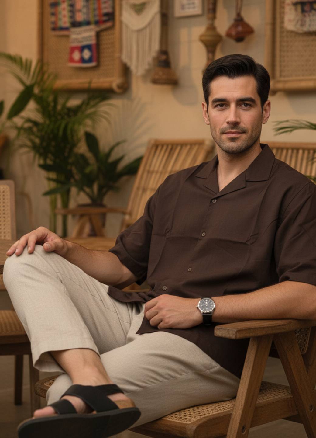 Men’s Coffee Brown Solid Casual Shirt with Cuban Collar