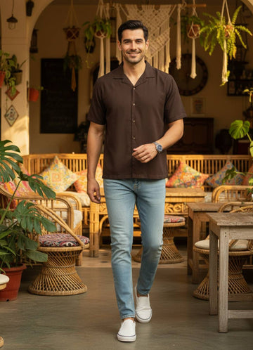 Men’s Coffee Brown Solid Casual Shirt with Cuban Collar
