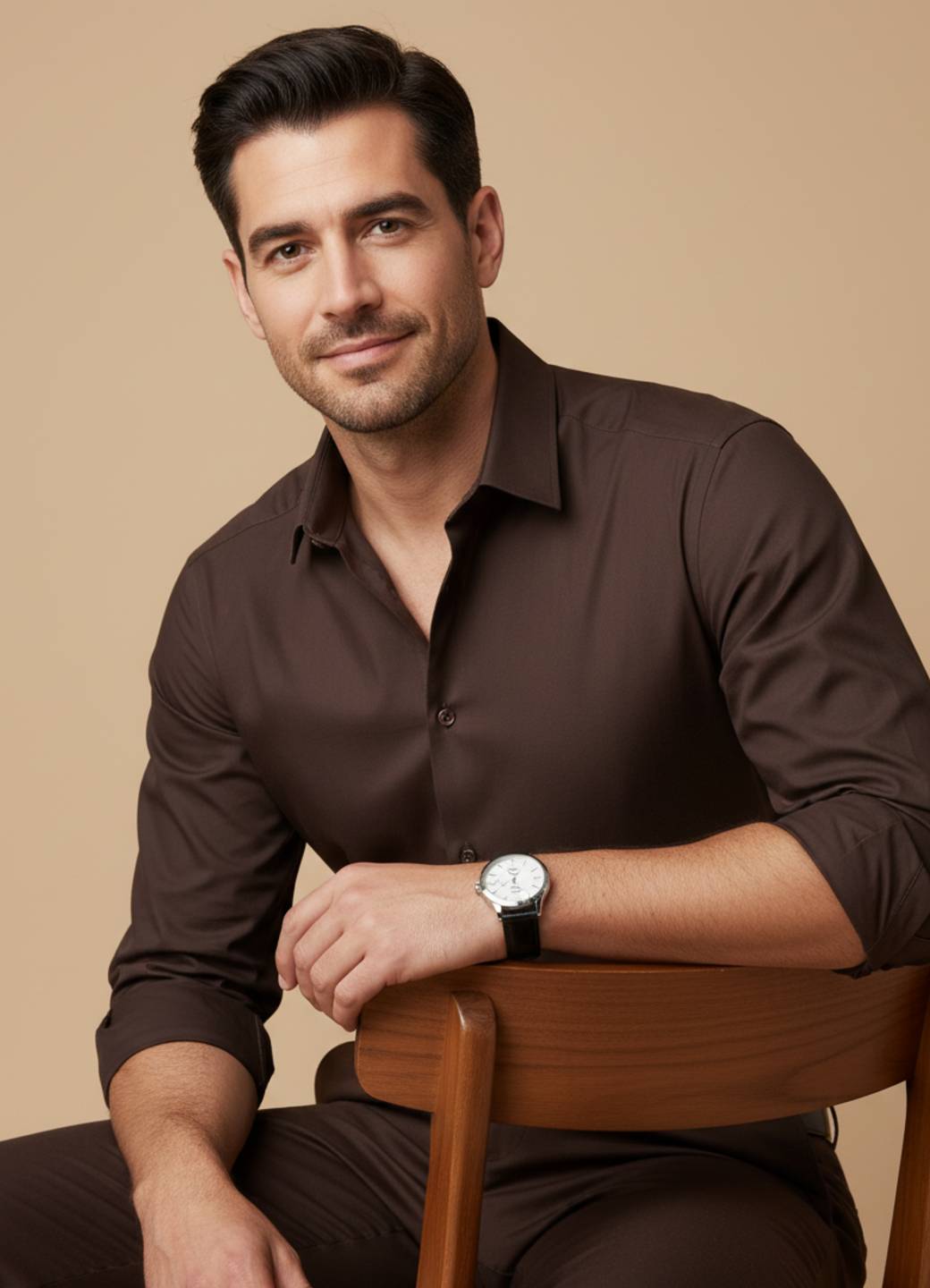 Men’s Coffee Brown Band Collar Solid Shirt