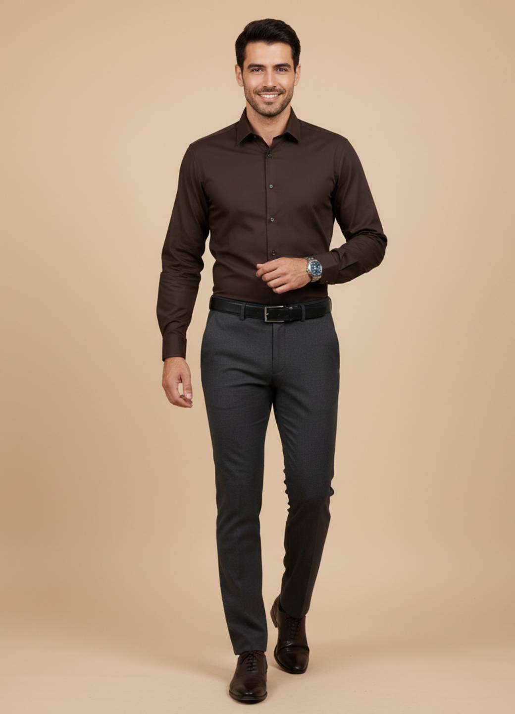 Men’s Coffee Brown Band Collar Solid Shirt