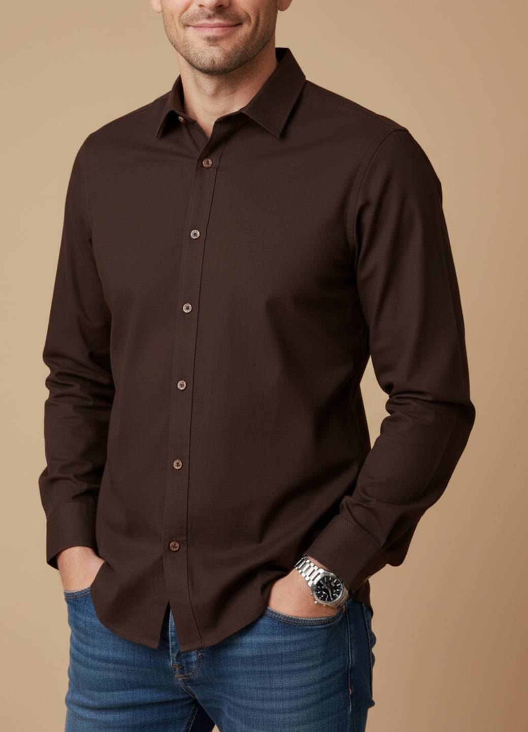 Men’s Coffee Brown Band Collar Solid Shirt