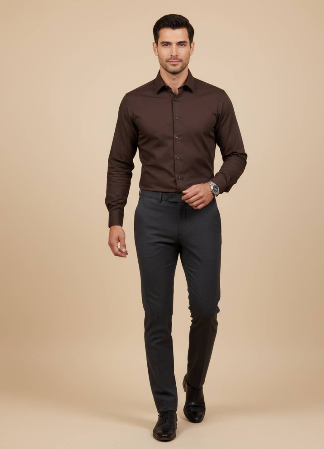 Men’s Coffee Brown Band Collar Solid Shirt
