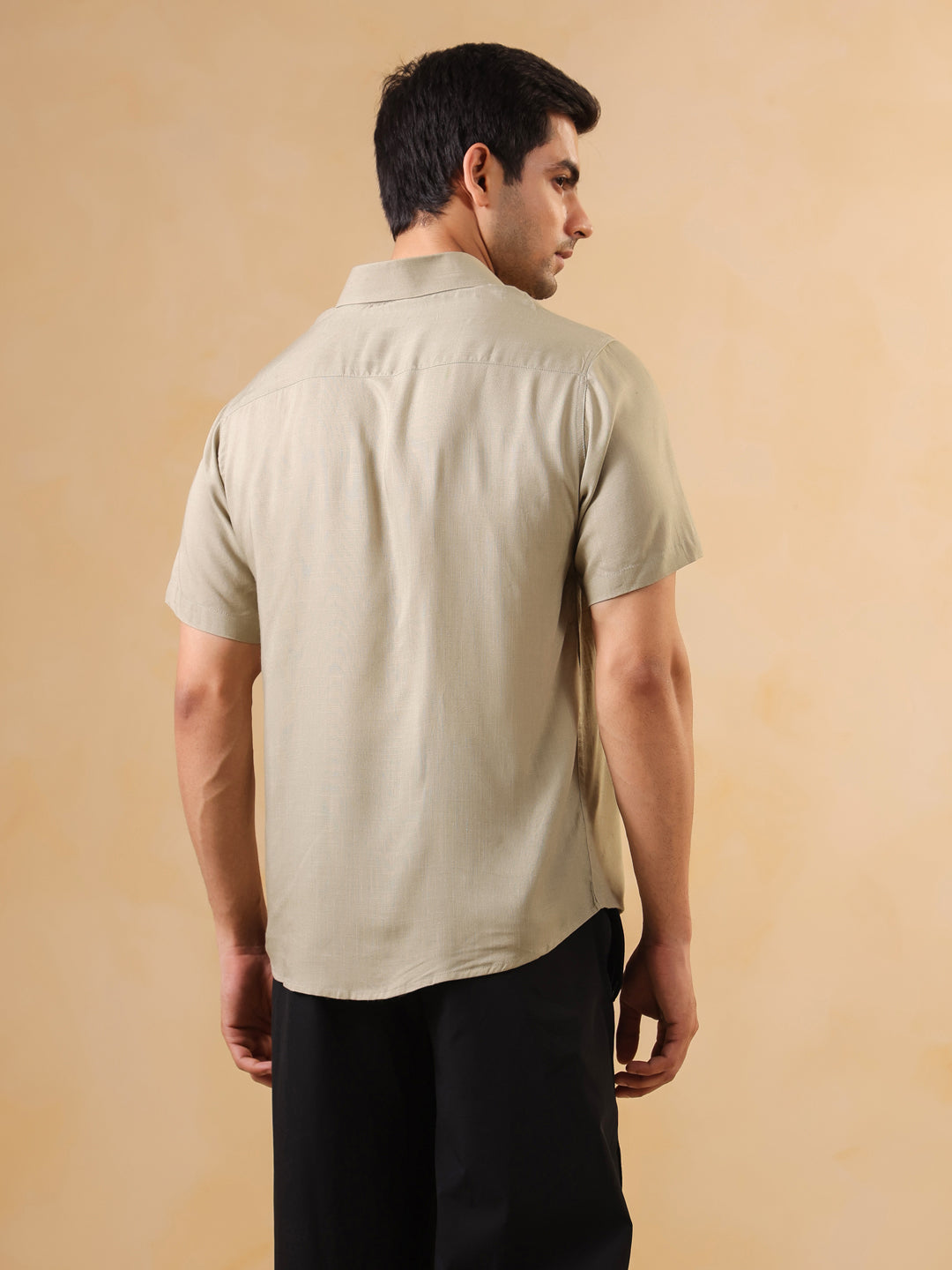 Men Beige Solid Regular Fit Band Collar Shirt
