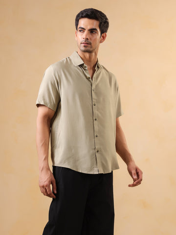 Men Beige Solid Regular Fit Band Collar Shirt