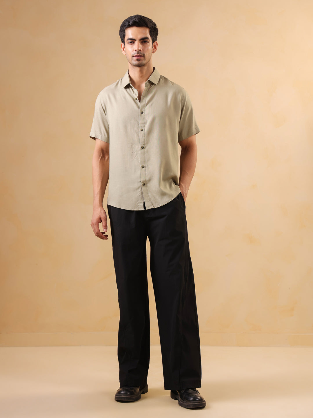 Men Beige Solid Regular Fit Band Collar Shirt