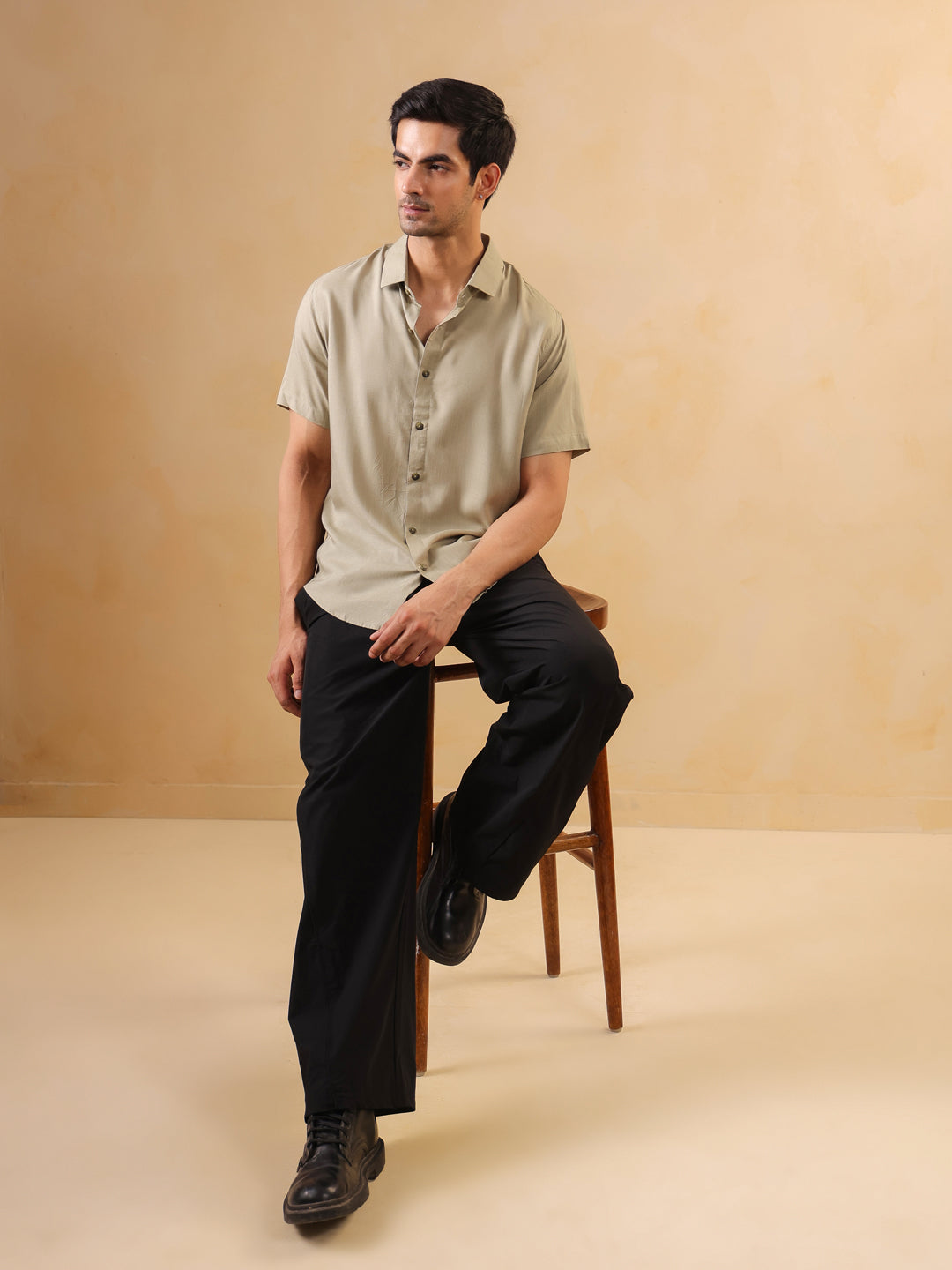 Men Beige Solid Regular Fit Band Collar Shirt