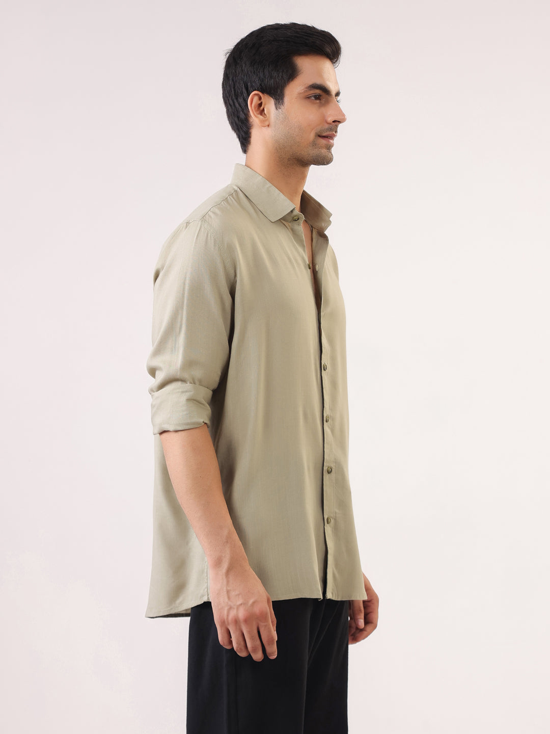 Men Beige Solid Band Collar Regular Fit Shirt