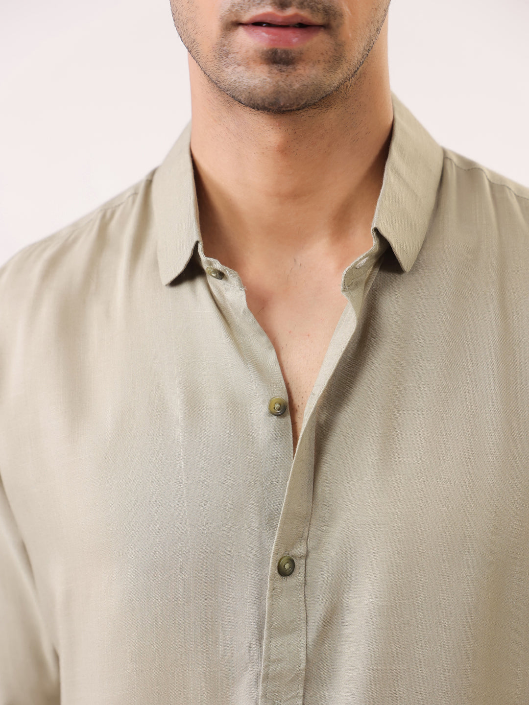 Men Beige Solid Band Collar Regular Fit Shirt