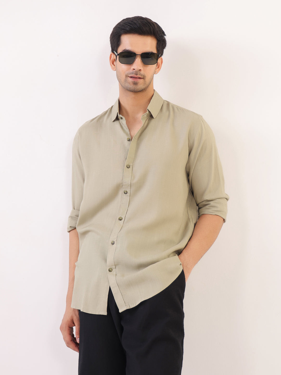 Men Beige Solid Band Collar Regular Fit Shirt