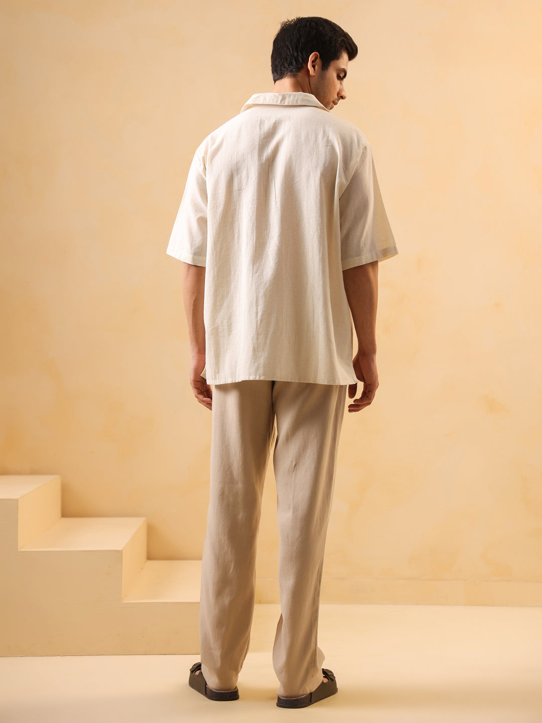 Men Beige Solid Cuban Collar Oversized Cotton Shirt