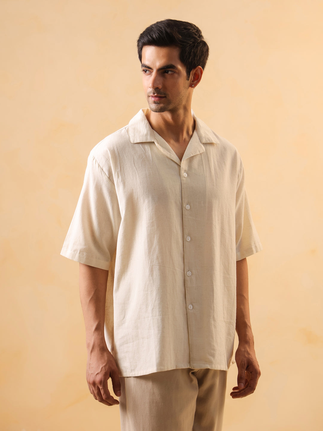 Men Beige Solid Cuban Collar Oversized Cotton Shirt