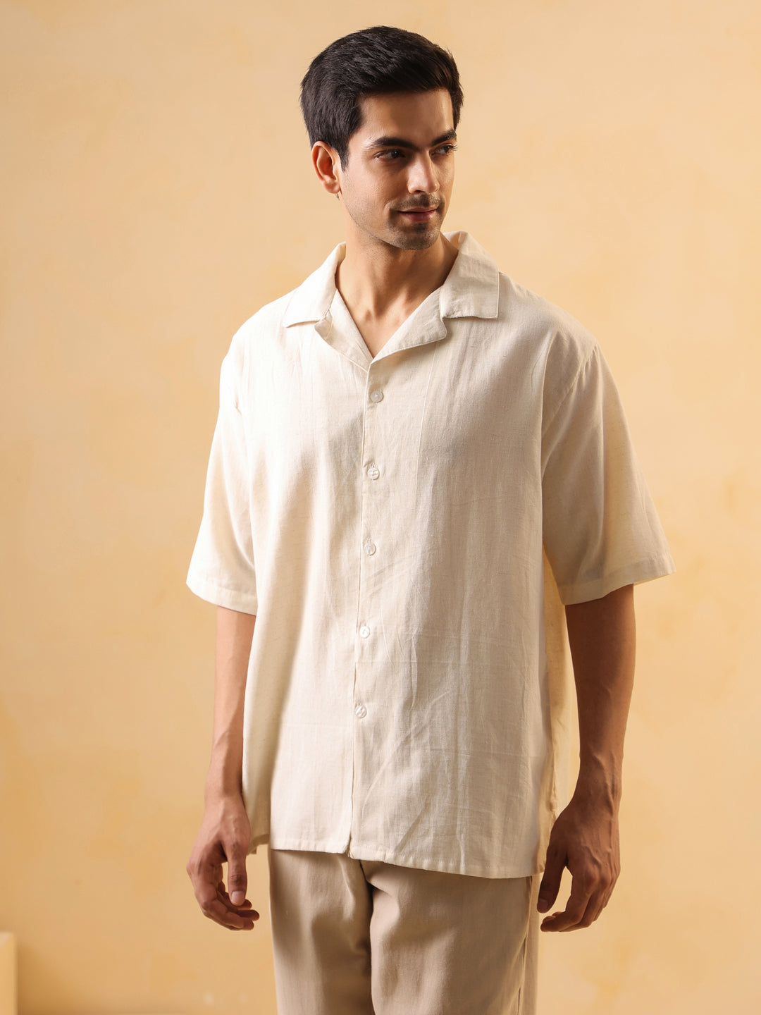 Men Beige Solid Cuban Collar Oversized Cotton Shirt