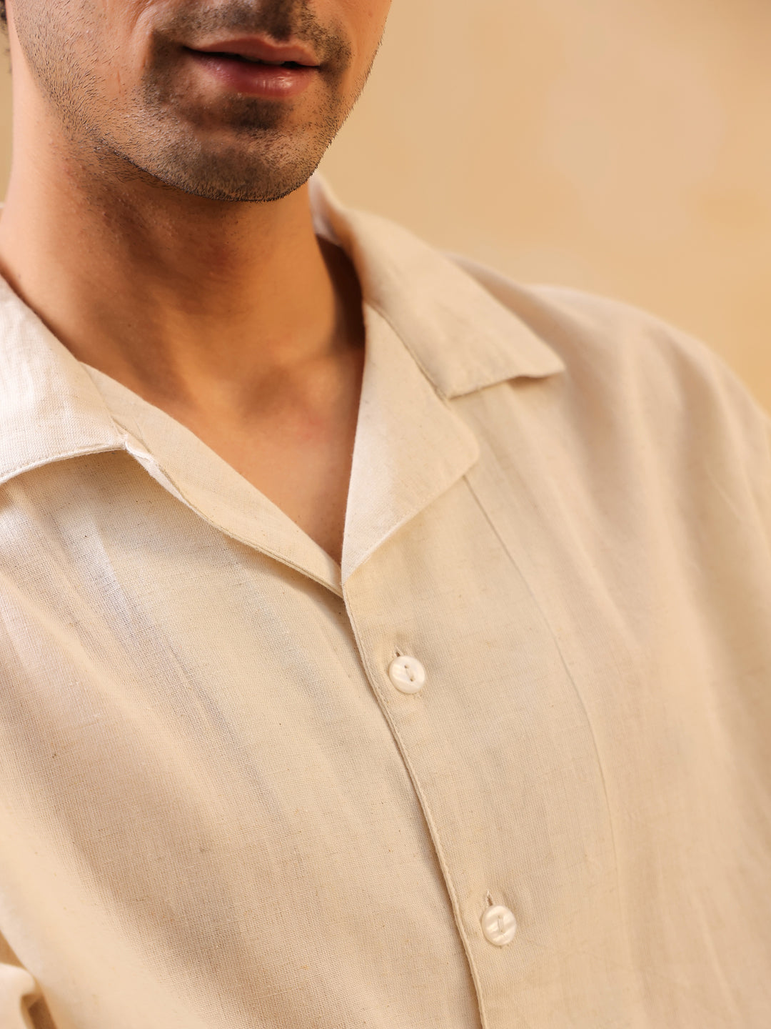 Men Beige Solid Cuban Collar Oversized Cotton Shirt