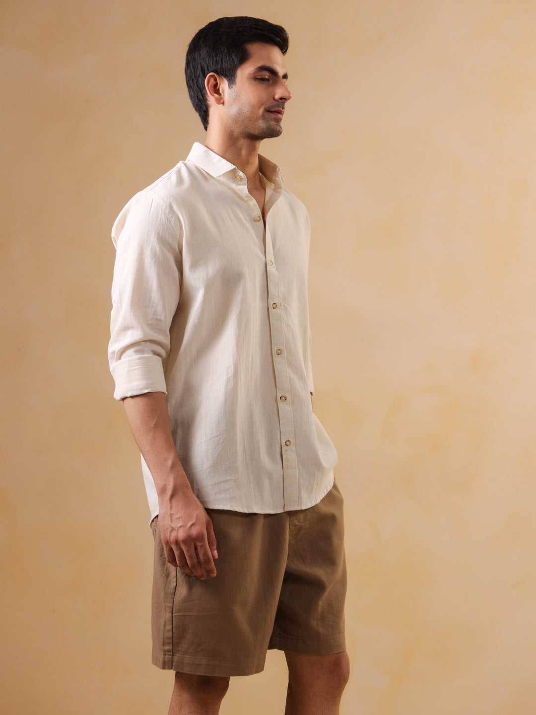 Men Beige Solid Band Collar Relaxed Fit Cotton Shirt