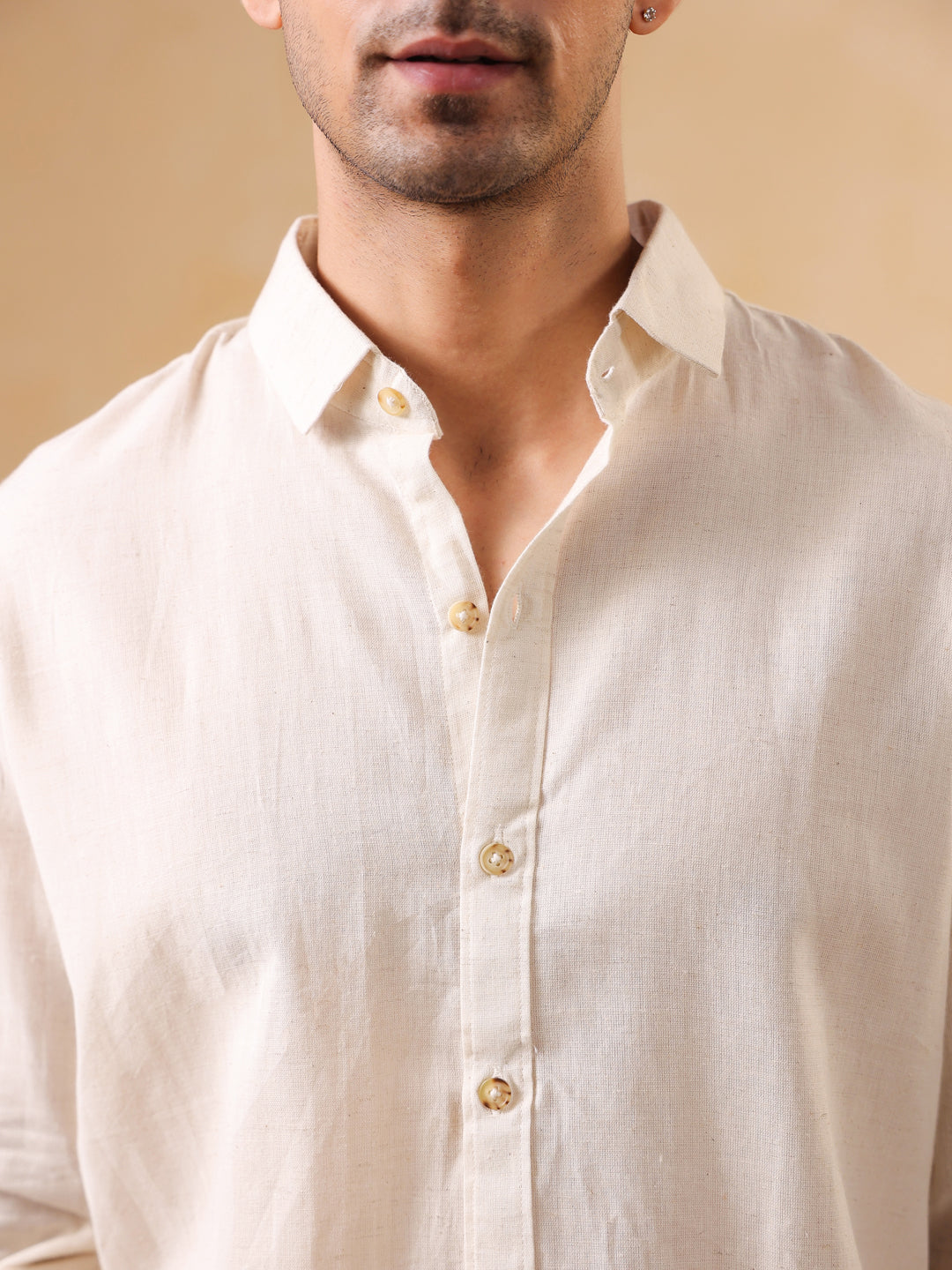 Men Beige Solid Band Collar Relaxed Fit Cotton Shirt
