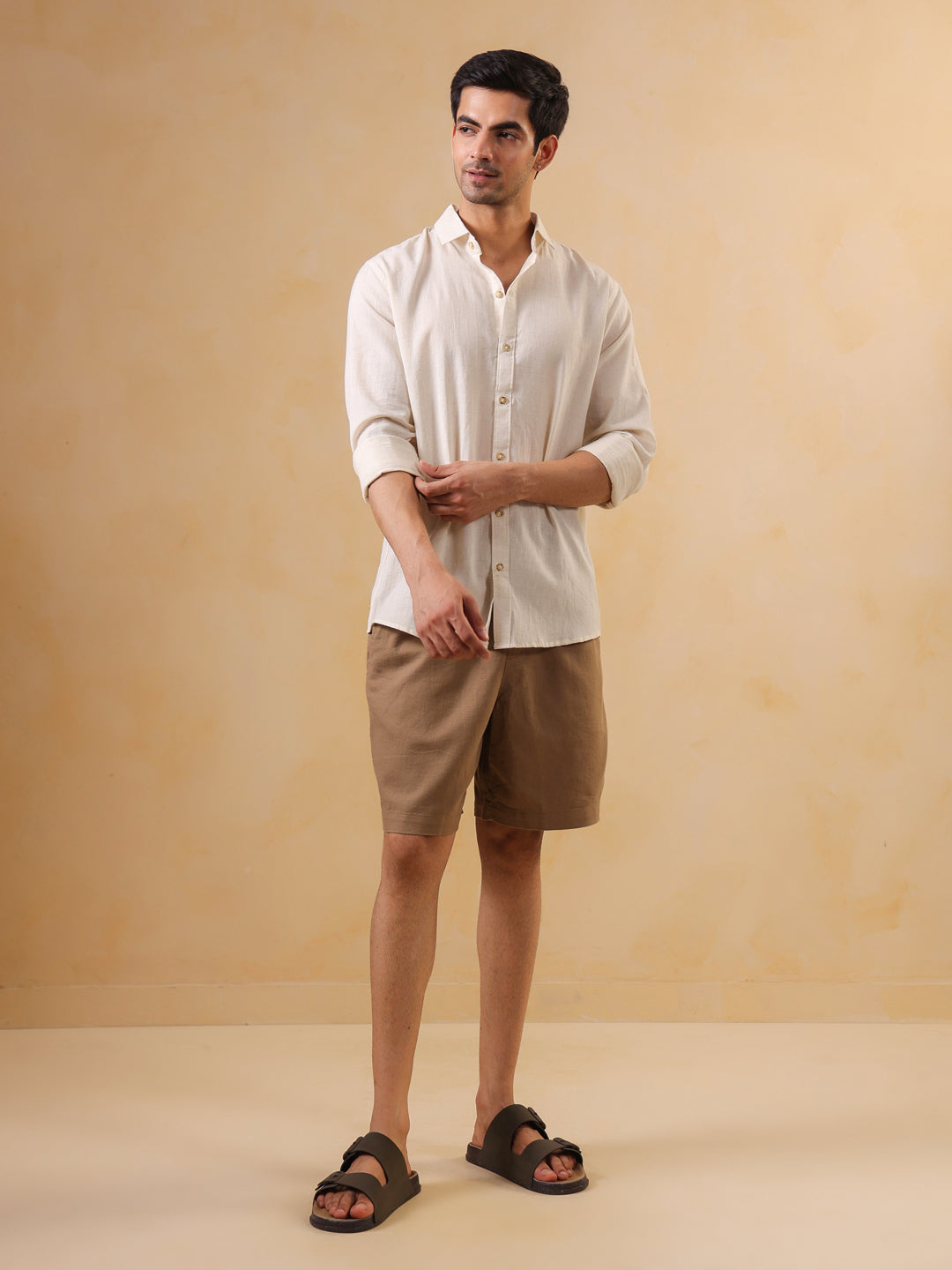 Men Beige Solid Band Collar Relaxed Fit Cotton Shirt