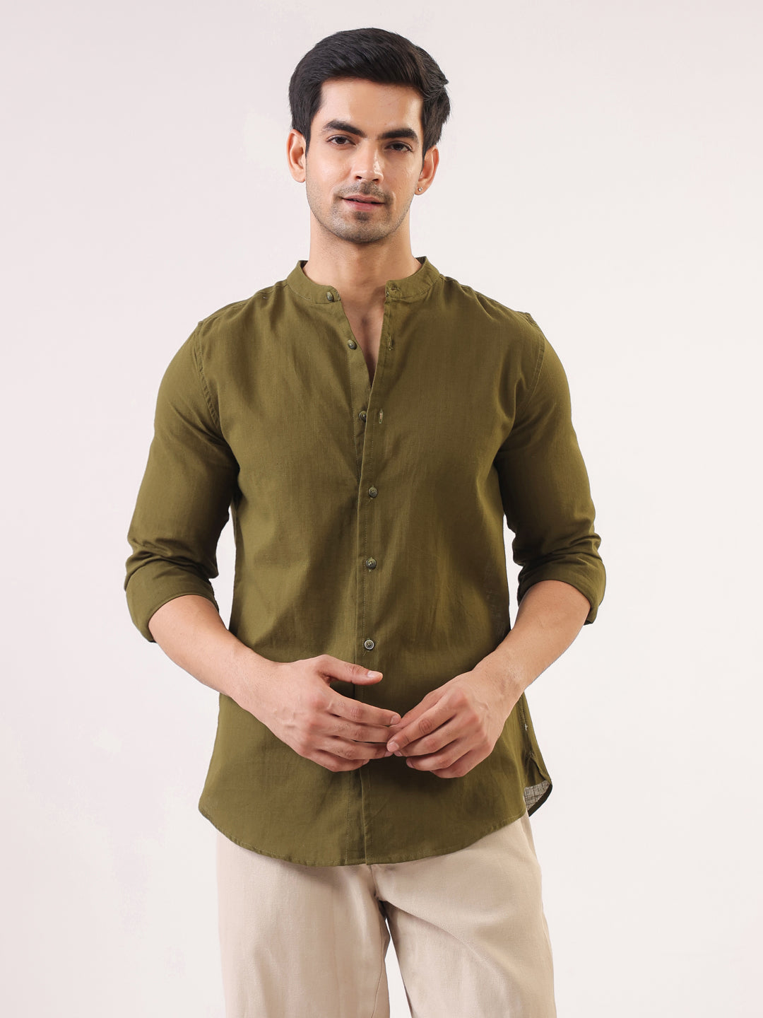 Men Olive Solid Mandarin Collar Regular Fit Cotton Shirt