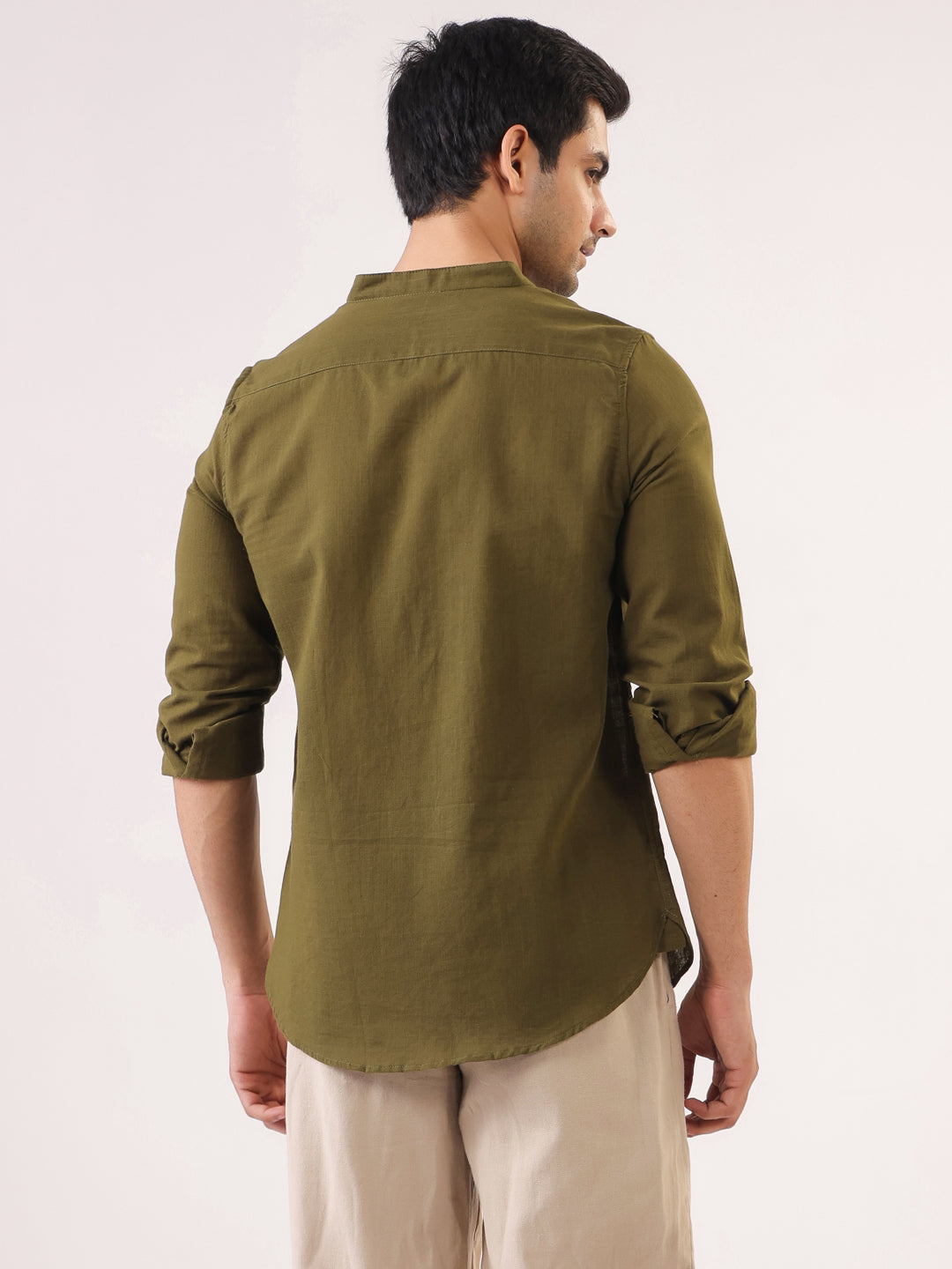 Men Olive Solid Mandarin Collar Regular Fit Cotton Shirt