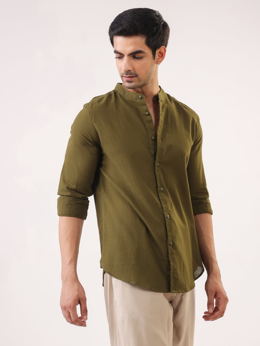 Men Olive Solid Mandarin Collar Regular Fit Cotton Shirt
