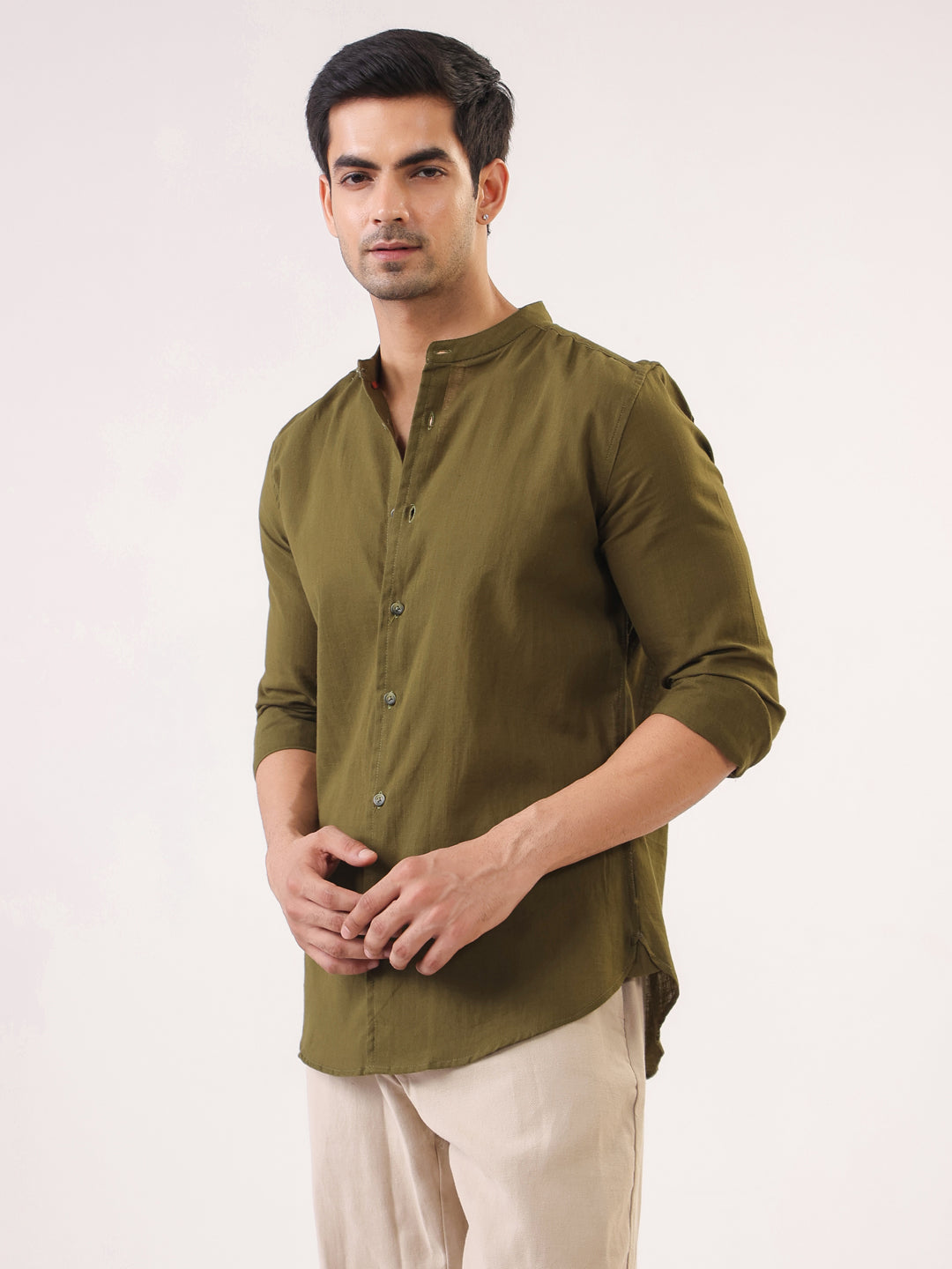 Men Olive Solid Mandarin Collar Regular Fit Cotton Shirt