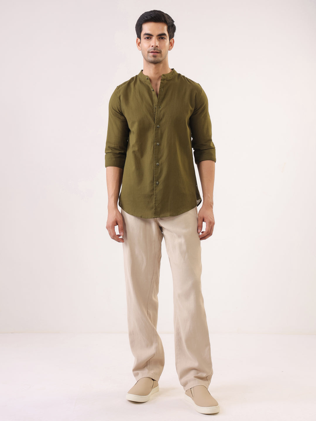 Men Olive Solid Mandarin Collar Regular Fit Cotton Shirt
