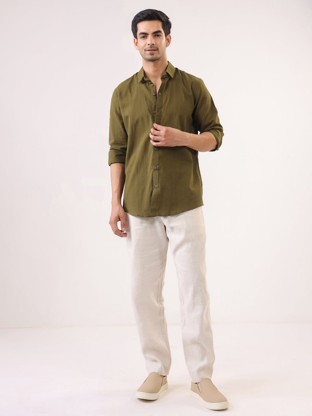Men Olive Solid Band Collar Relaxed Fit Cotton Shirt