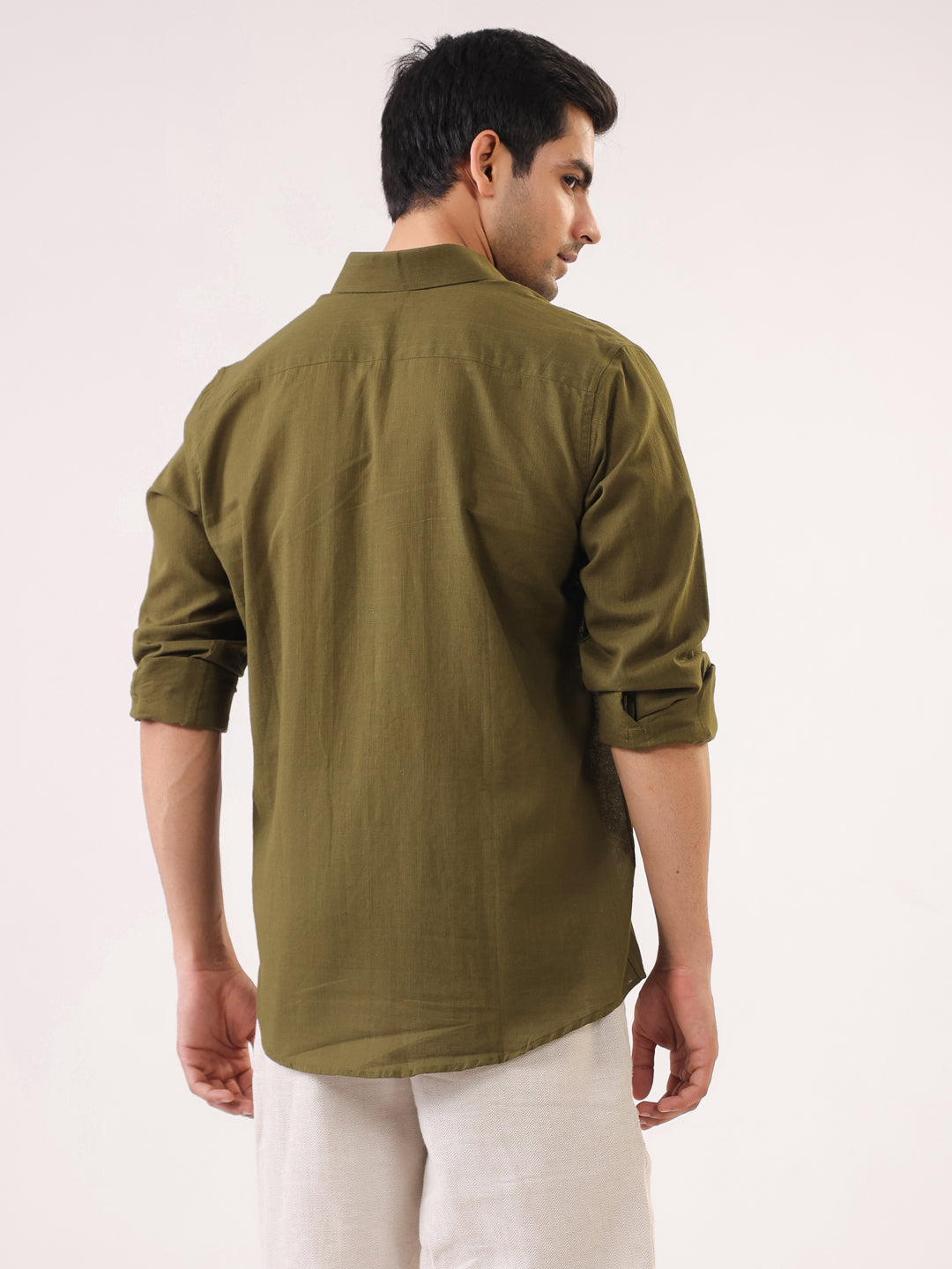 Men Olive Solid Band Collar Relaxed Fit Cotton Shirt